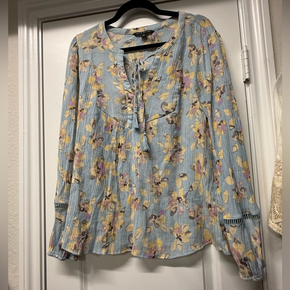 Zac & Rachel Floral Blouse – Size Large – Boho Peasant Top Tassel Tie